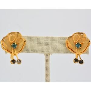 Bugbee Niles Vintage Flower Earrings Gold Mesh Screw Back Crystal Signed BinAV